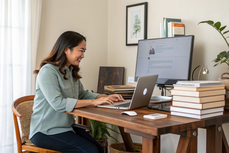 900×600 a-charming-indonesian-woman-working-at-a-repurpose Ergonomic & Budget Friendly Home Office for Remote Work Success