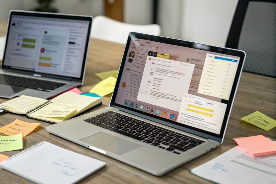 900×600 a-cluttered-desk-with-multiple-open-laptops-displa Remote Project Management Software