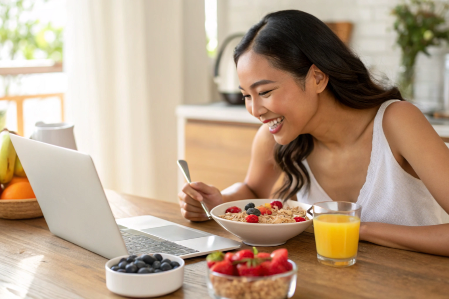900×600 a-glamorous-indonesian-woman-enjoying-a-healthy-br remote productivity