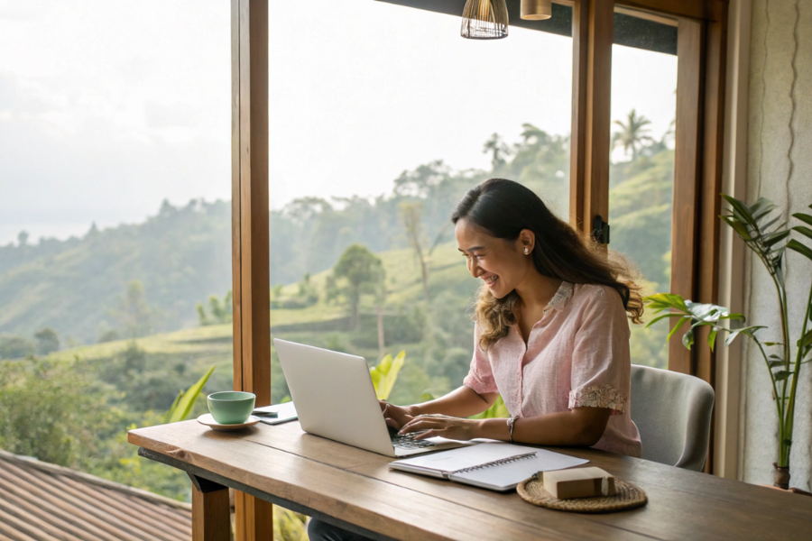 900×600 an-alluring-indonesian-woman-happily-working-on-a- Unlock Financial Stability: Income Diversification for Remote Workers